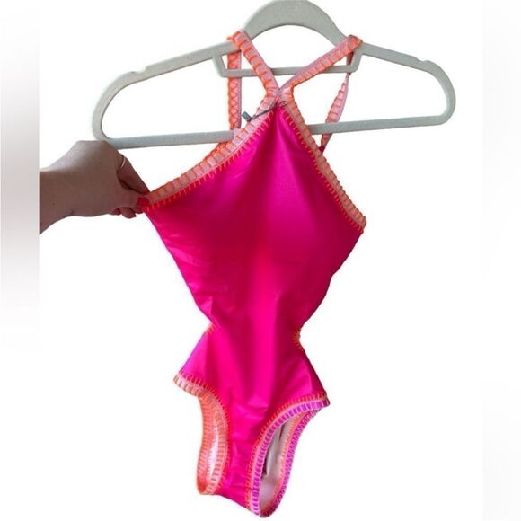 PQ Swim NWT Crochet Trim Halter Neck One Piece Swimsuit in Pink/Orange Size M - Picture 6 of 13